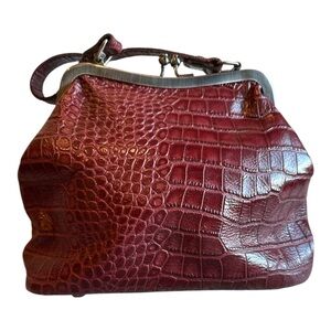 Patricia Nash Leather Framed Kiss Lock Crossbody Bag Burgundy Croc Embossed